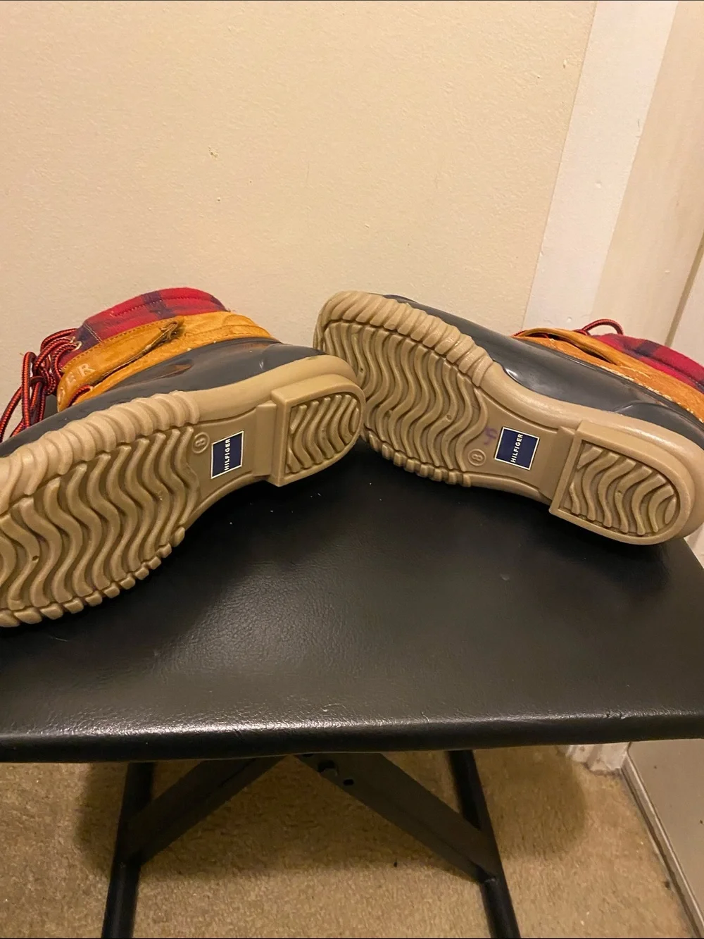 Tommy Hilfiger Ladies Navy, Tan and Red Duck Boots. Size 8m